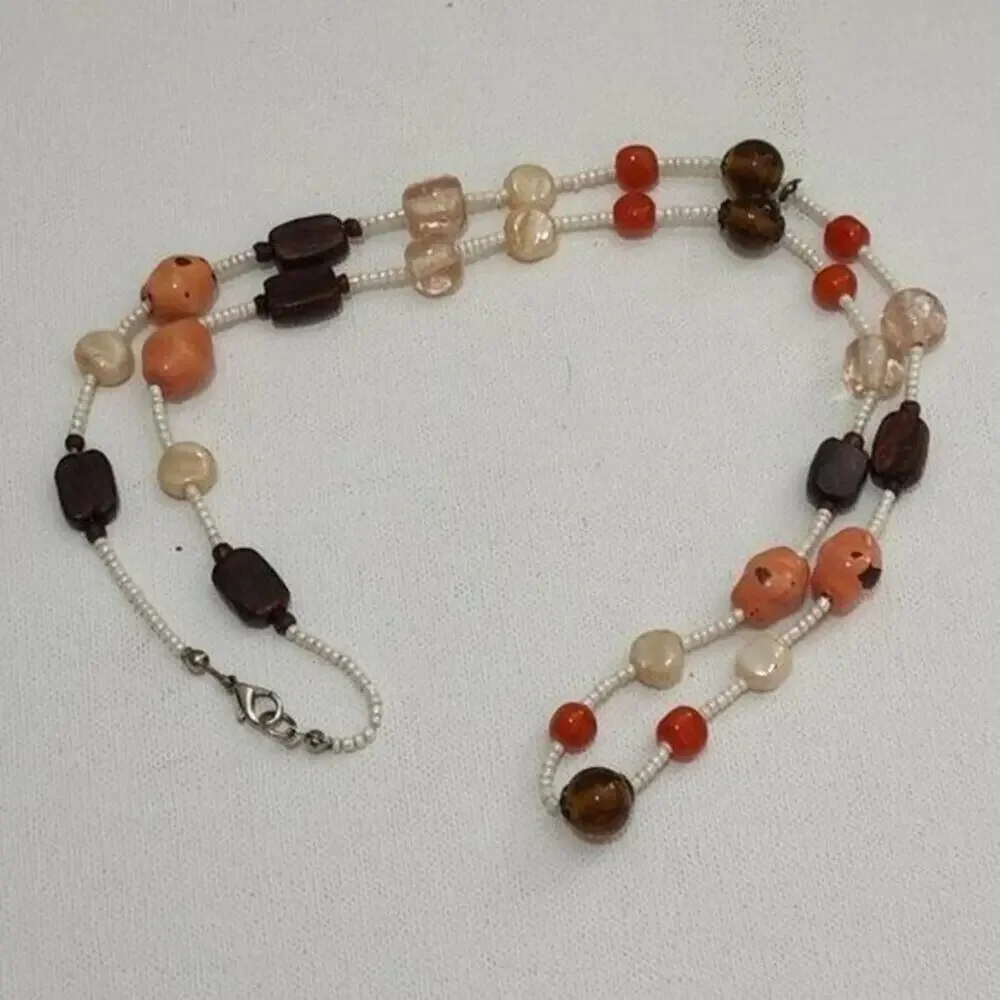 Treska Vintage Earth Tone Beaded Necklace Coral Brown Wood Glass Seed Bead 24 In